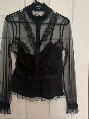 bebe black, sheer, ruffle button up high neck, Y2K style size S\P